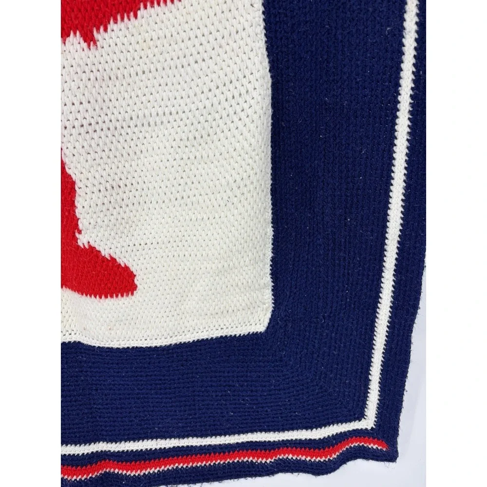 Vintage Handmade Crochet Knit Baby Blanket Airplane Red White Blue 44